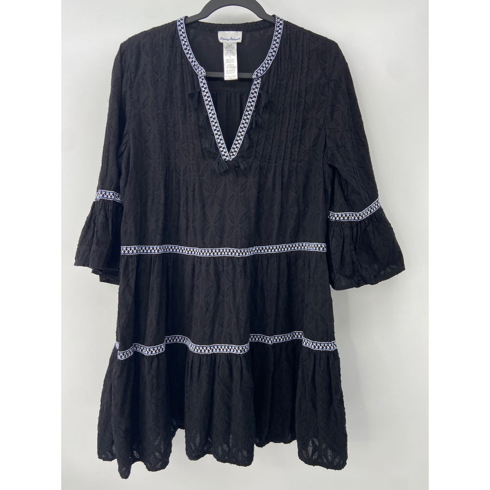 Tommy Bahama Dress Women Large Black Mini Boho Coastal Embroidered Tired Tassels